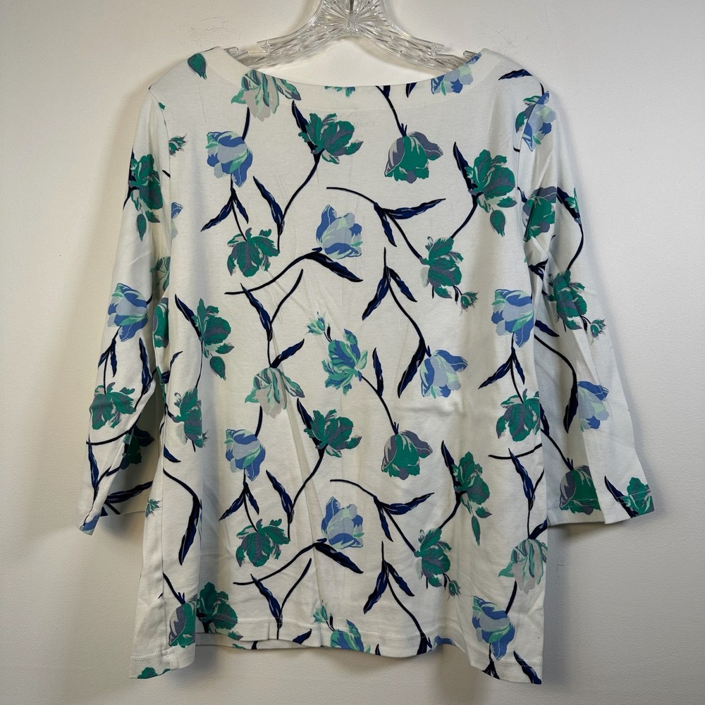 Croft & Barrow Womens XL White Blue Teal Floral 3/4 Sleeve Boat Neck Cotton Top - Picture 2 of 6